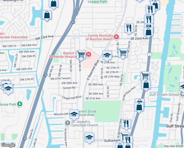 map of restaurants, bars, coffee shops, grocery stores, and more near 2862 South Seacrest Boulevard in Boynton Beach