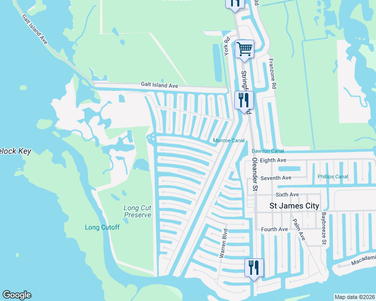 map of restaurants, bars, coffee shops, grocery stores, and more near 3812 Blueberry Lane in Saint James City