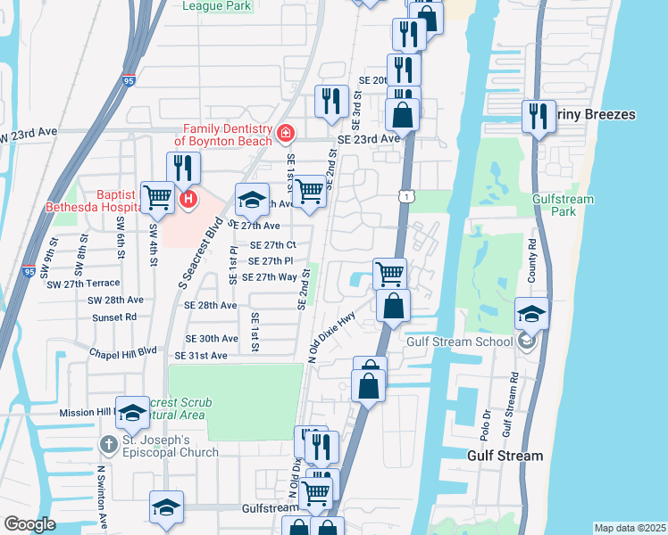 map of restaurants, bars, coffee shops, grocery stores, and more near 2820 Southeast 2nd Street in Boynton Beach