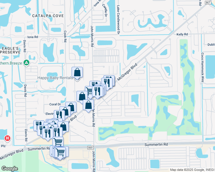 map of restaurants, bars, coffee shops, grocery stores, and more near 67 Circle Drive in Fort Myers