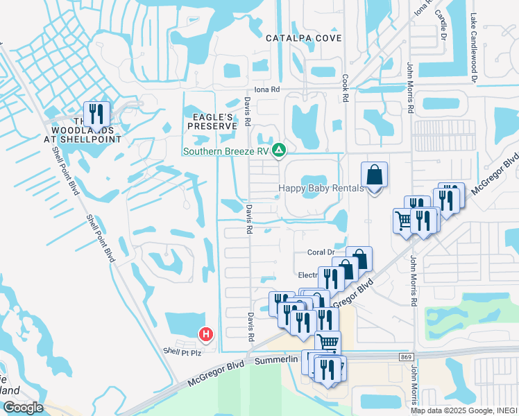 map of restaurants, bars, coffee shops, grocery stores, and more near 13540 Siesta Pines Court in Fort Myers