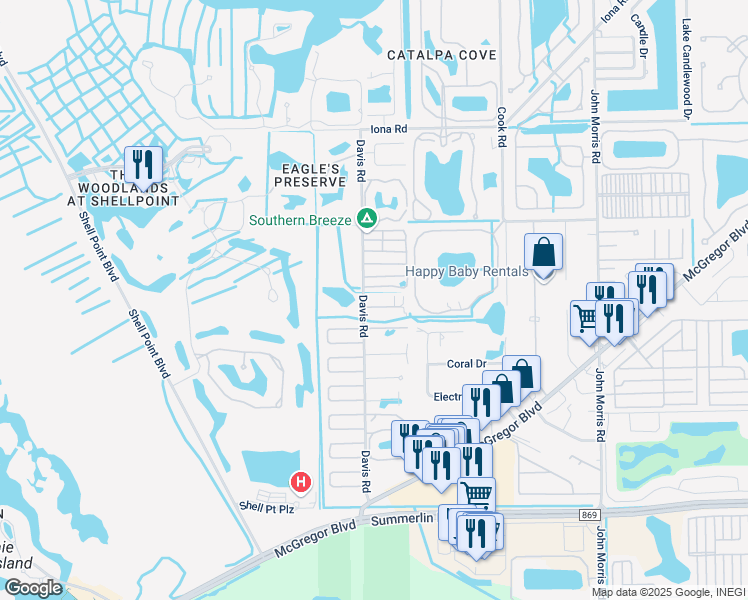 map of restaurants, bars, coffee shops, grocery stores, and more near 13532 Siesta Pines Court in Fort Myers