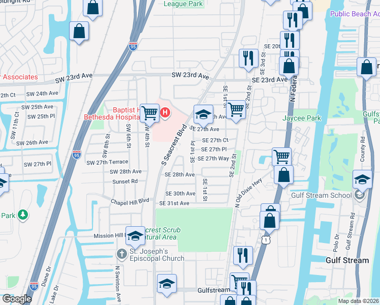 map of restaurants, bars, coffee shops, grocery stores, and more near 2869 Southeast 1st Place in Boynton Beach