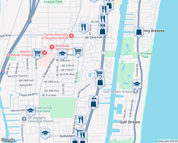 map of restaurants, bars, coffee shops, grocery stores, and more near 523 Villa Circle in Boynton Beach