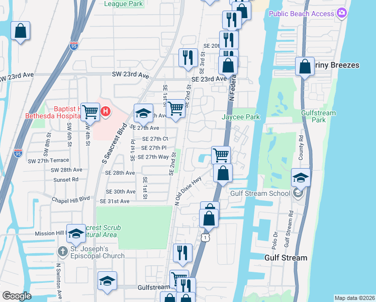 map of restaurants, bars, coffee shops, grocery stores, and more near 2820 Southeast 2nd Street in Boynton Beach