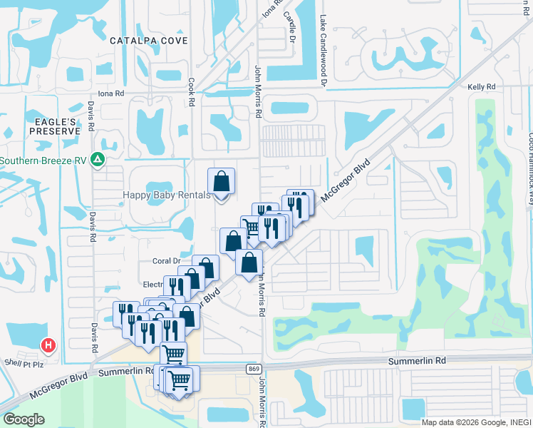 map of restaurants, bars, coffee shops, grocery stores, and more near 114 Maple Lane in Fort Myers
