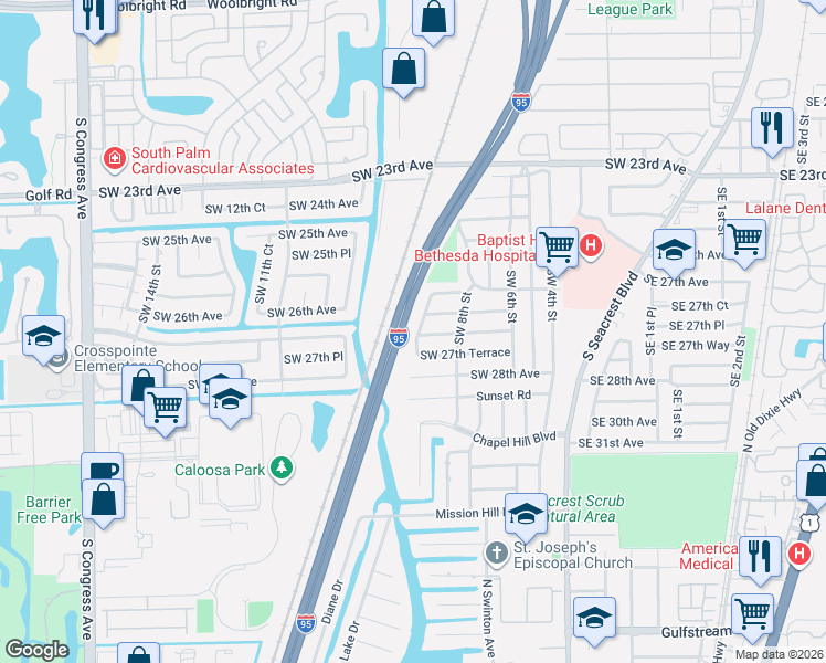 map of restaurants, bars, coffee shops, grocery stores, and more near 2851 Southwest 9th Street in Boynton Beach