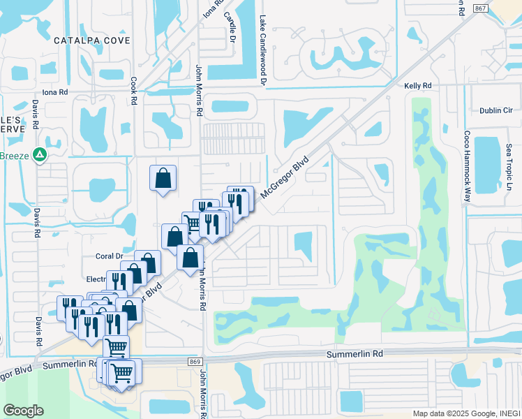 map of restaurants, bars, coffee shops, grocery stores, and more near 12781 Water Lane in Fort Myers