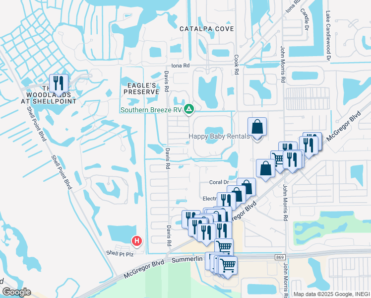 map of restaurants, bars, coffee shops, grocery stores, and more near 13502 Siesta Pines Court in Fort Myers
