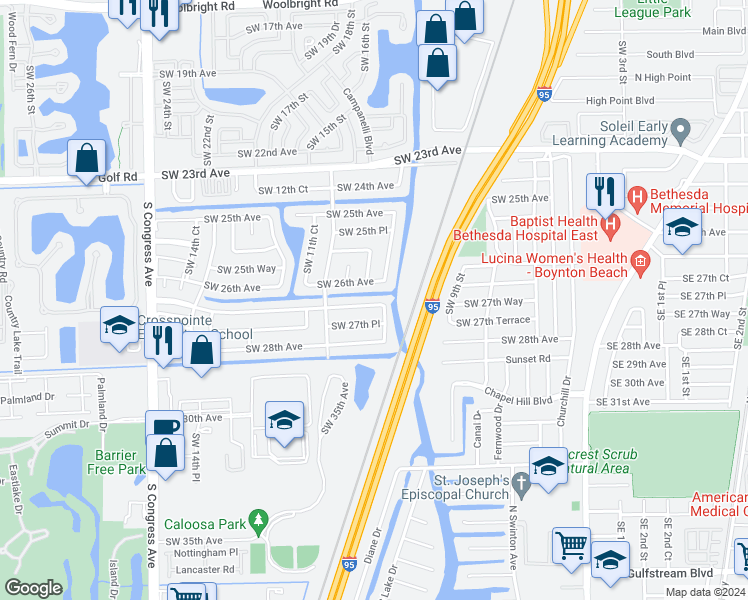 map of restaurants, bars, coffee shops, grocery stores, and more near 1027 Southwest 27th Avenue in Boynton Beach