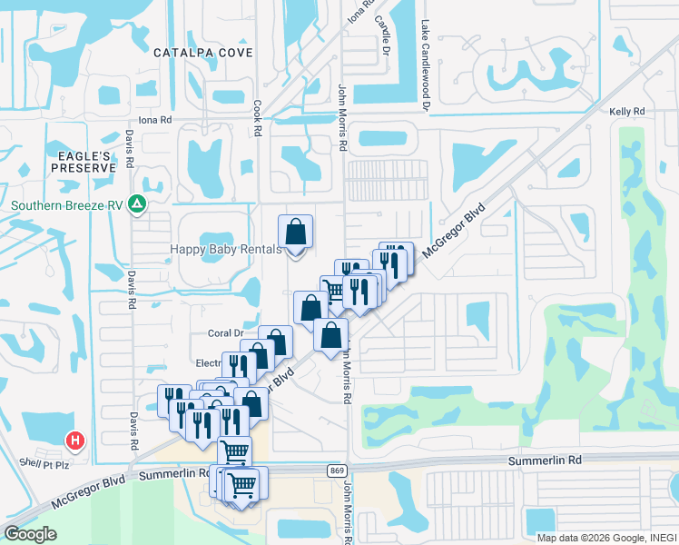 map of restaurants, bars, coffee shops, grocery stores, and more near 16440 John Morris Road in Fort Myers