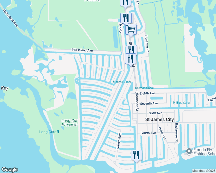 map of restaurants, bars, coffee shops, grocery stores, and more near 3703 Dewberry Lane in Saint James City