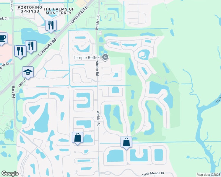 map of restaurants, bars, coffee shops, grocery stores, and more near 16507 Whispering Trace Court in Fort Myers