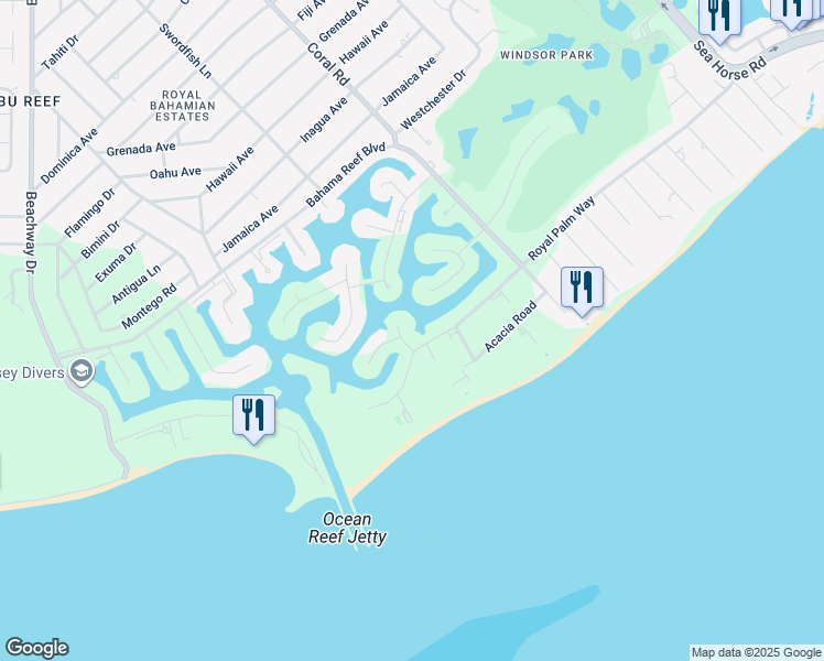 map of restaurants, bars, coffee shops, grocery stores, and more near Royal Palm Way in Freeport