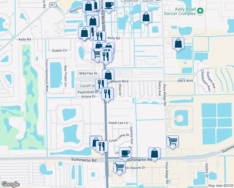 map of restaurants, bars, coffee shops, grocery stores, and more near 128 Dawn Street in Fort Myers