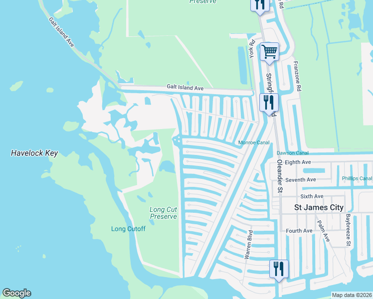 map of restaurants, bars, coffee shops, grocery stores, and more near 3972 Blueberry Lane in Saint James City