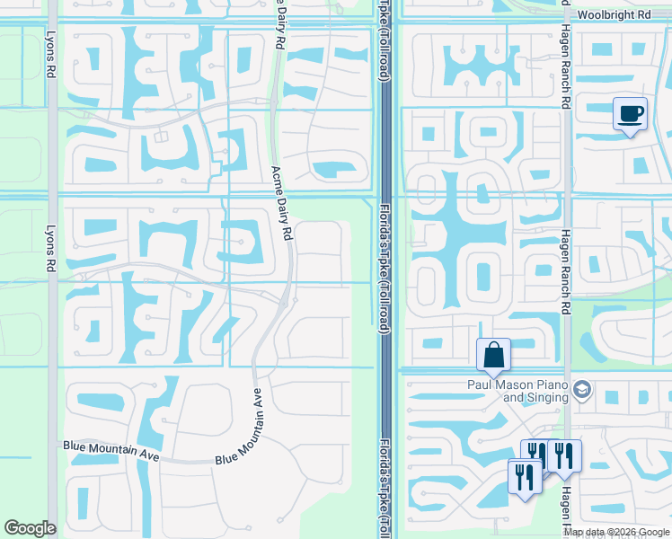 map of restaurants, bars, coffee shops, grocery stores, and more near 11590 Dawson Range Road in Boynton Beach
