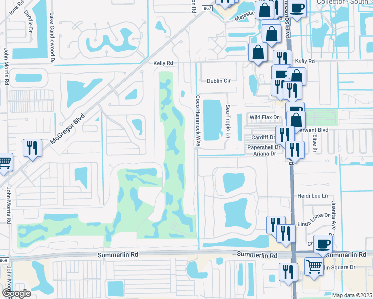 map of restaurants, bars, coffee shops, grocery stores, and more near 16320 Kelly Cove Drive in Fort Myers