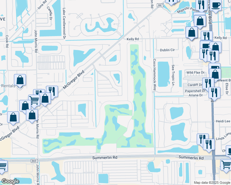 map of restaurants, bars, coffee shops, grocery stores, and more near 12234 Venus Drive in Fort Myers