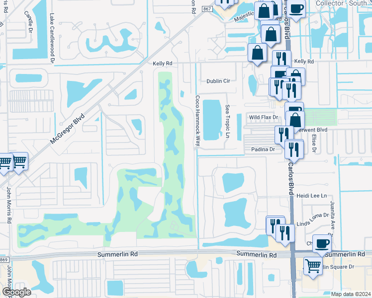 map of restaurants, bars, coffee shops, grocery stores, and more near 16320 Kelly Cove Drive in Fort Myers