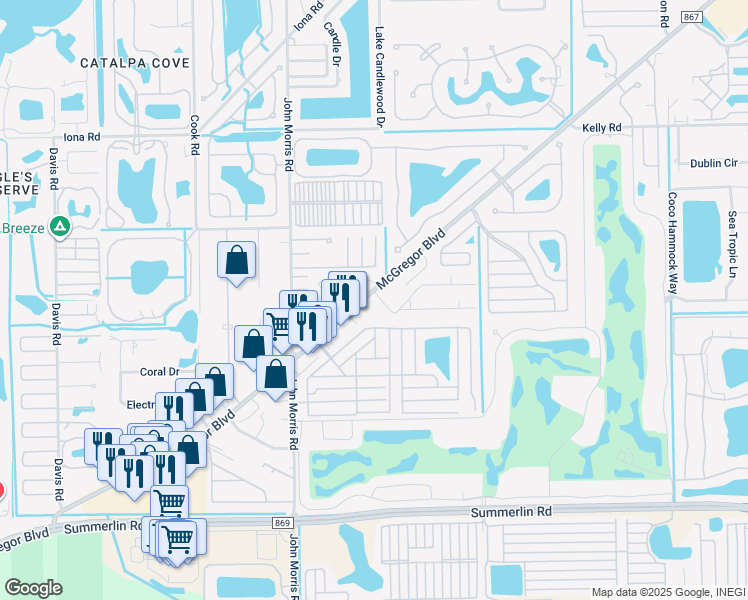 map of restaurants, bars, coffee shops, grocery stores, and more near 12781 Water Lane in Fort Myers