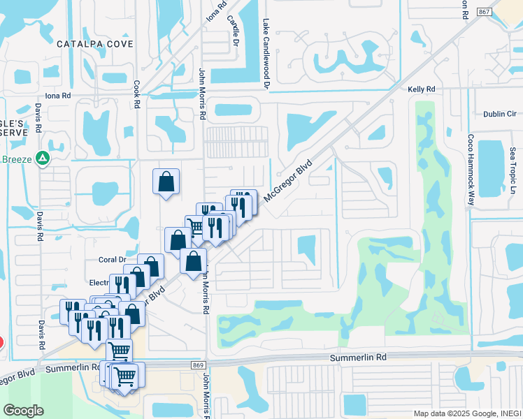 map of restaurants, bars, coffee shops, grocery stores, and more near 12781 Water Lane in Fort Myers