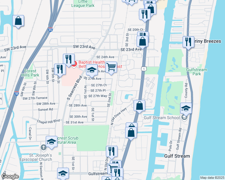 map of restaurants, bars, coffee shops, grocery stores, and more near 2820 Southeast 2nd Street in Boynton Beach