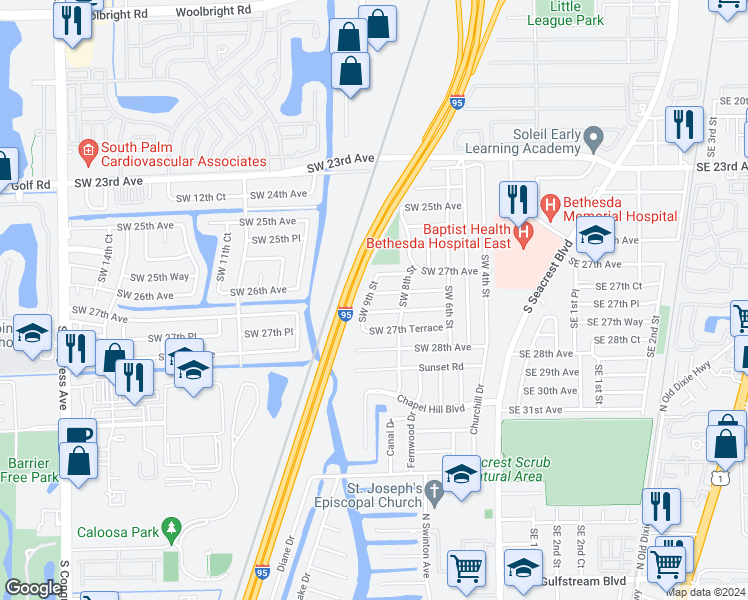 map of restaurants, bars, coffee shops, grocery stores, and more near 2830 Southwest 9th Street in Boynton Beach