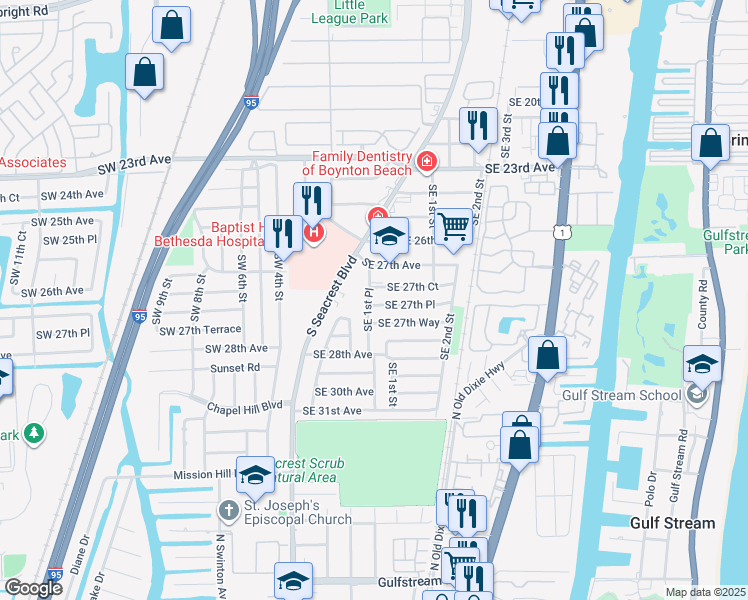 map of restaurants, bars, coffee shops, grocery stores, and more near 125 Southeast 27th Place in Boynton Beach