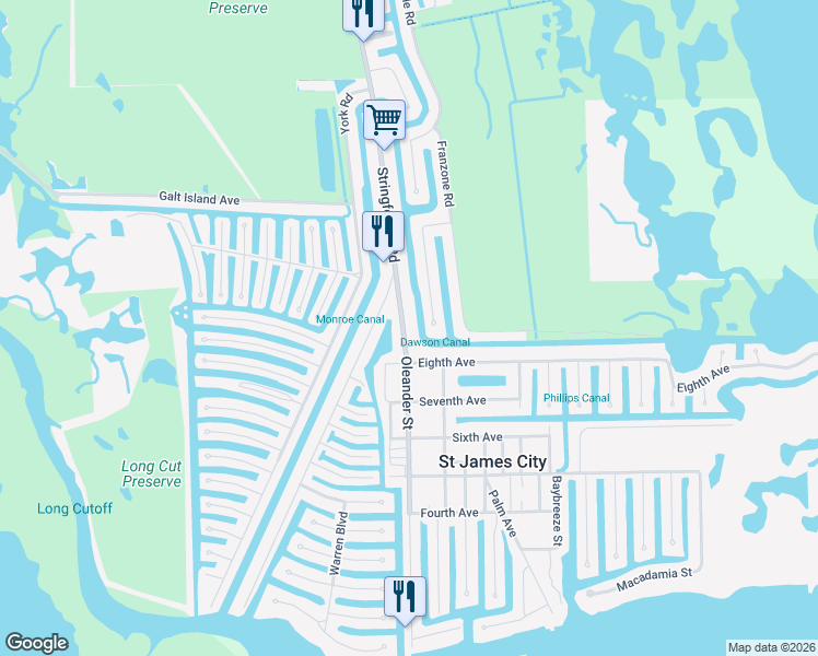 map of restaurants, bars, coffee shops, grocery stores, and more near 2912 Oleander Street in Saint James City