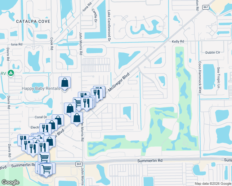 map of restaurants, bars, coffee shops, grocery stores, and more near 16551 McGregor Boulevard in Fort Myers
