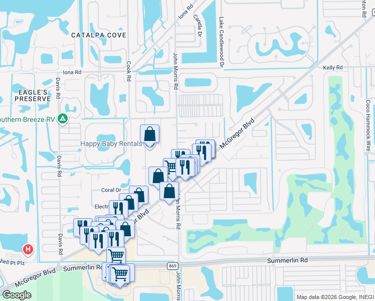 map of restaurants, bars, coffee shops, grocery stores, and more near 114 Maple Lane in Fort Myers