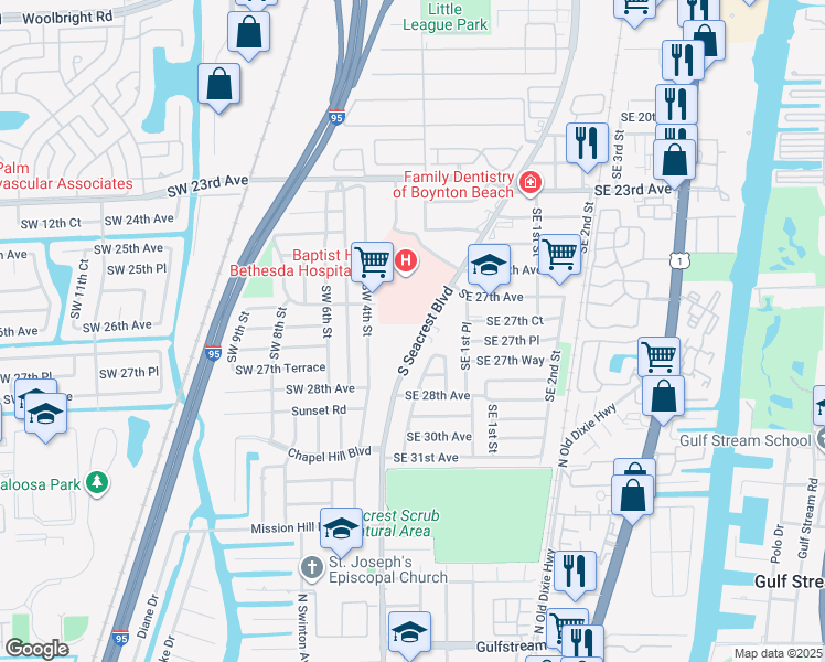 map of restaurants, bars, coffee shops, grocery stores, and more near 2862 South Seacrest Boulevard in Boynton Beach