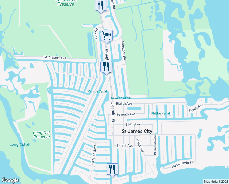 map of restaurants, bars, coffee shops, grocery stores, and more near 2912 Oleander Street in Saint James City
