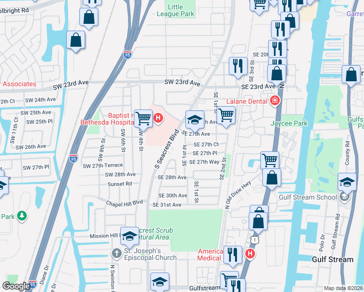 map of restaurants, bars, coffee shops, grocery stores, and more near 2865 Southeast 1st Place in Boynton Beach
