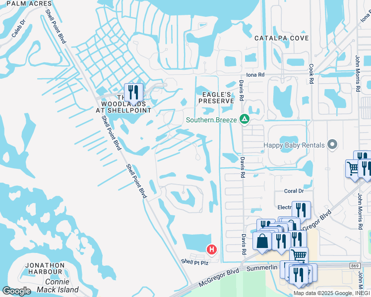 map of restaurants, bars, coffee shops, grocery stores, and more near 17401 On Par Boulevard in Fort Myers