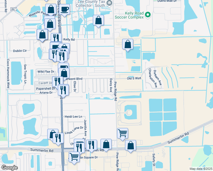 map of restaurants, bars, coffee shops, grocery stores, and more near 260 Daisy Avenue in Fort Myers