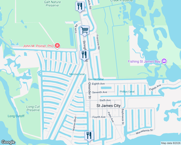 map of restaurants, bars, coffee shops, grocery stores, and more near 2960 Oleander Street in Saint James City