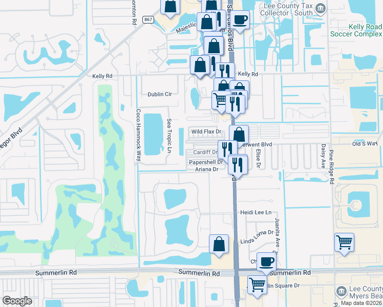 map of restaurants, bars, coffee shops, grocery stores, and more near 11691 Fox Sparrow Drive in Fort Myers