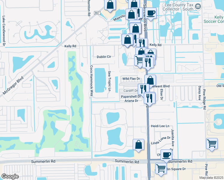 map of restaurants, bars, coffee shops, grocery stores, and more near 11098 Sea Tropic Lane in Fort Myers