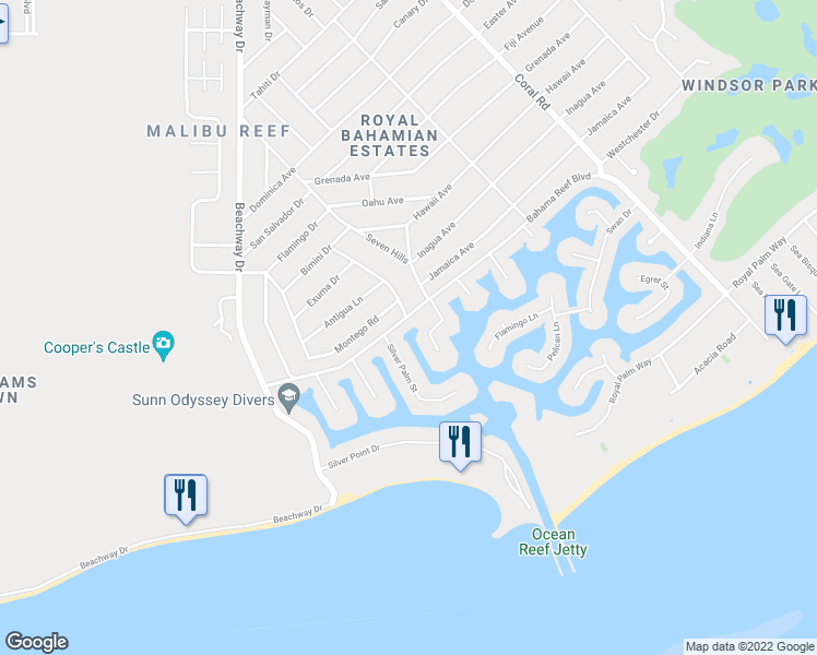 map of restaurants, bars, coffee shops, grocery stores, and more near Bahama Reef Boulevard in Freeport