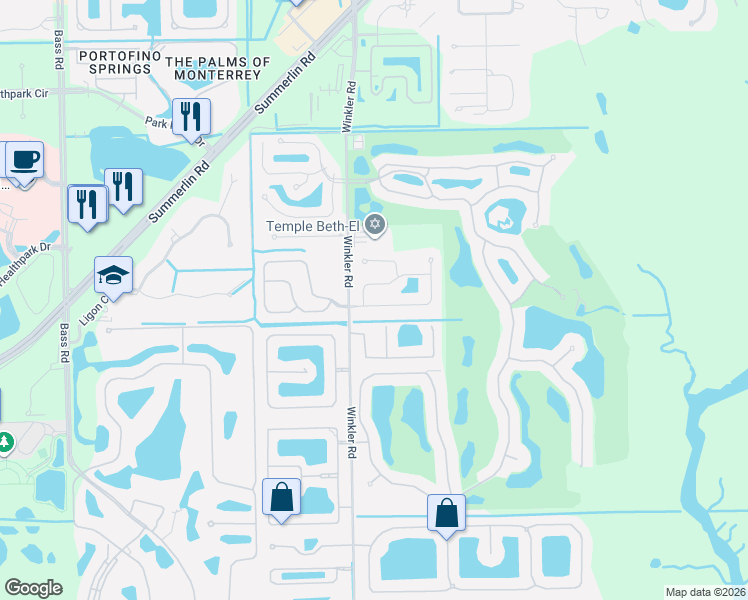 map of restaurants, bars, coffee shops, grocery stores, and more near 8509 South Lake Circle in Fort Myers