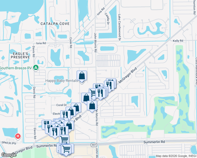 map of restaurants, bars, coffee shops, grocery stores, and more near 89 Sycamore Lane in Fort Myers