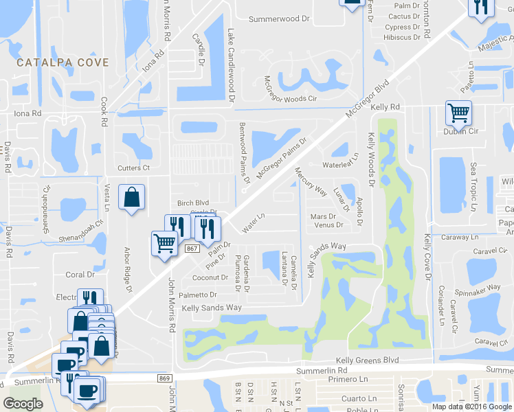 map of restaurants, bars, coffee shops, grocery stores, and more near 16421 McGregor Boulevard in Fort Myers