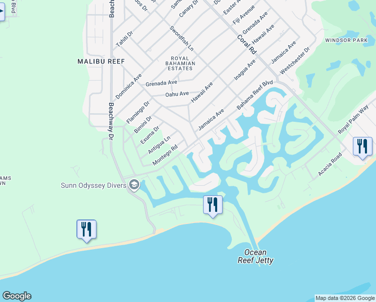 map of restaurants, bars, coffee shops, grocery stores, and more near Bahama Reef Boulevard in Freeport