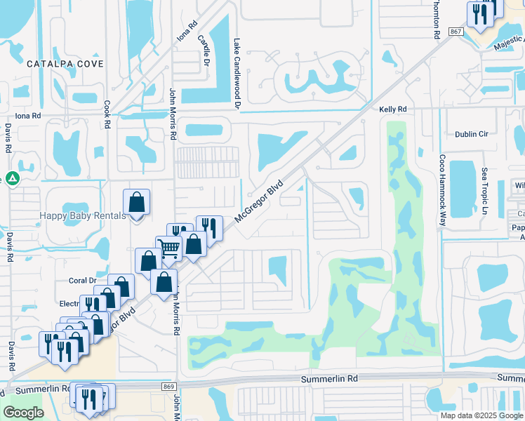 map of restaurants, bars, coffee shops, grocery stores, and more near 16421 McGregor Boulevard in Fort Myers