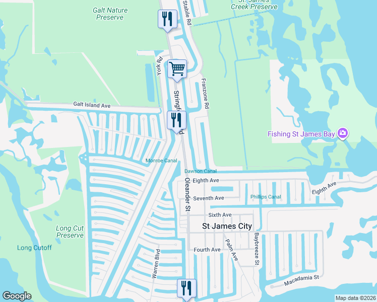 map of restaurants, bars, coffee shops, grocery stores, and more near 2960 Oleander Street in Saint James City