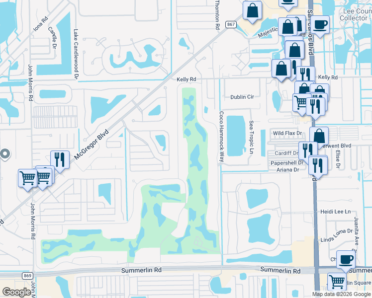map of restaurants, bars, coffee shops, grocery stores, and more near 16321 Kelly Woods Drive in Fort Myers