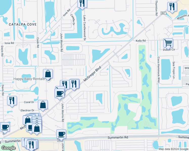 map of restaurants, bars, coffee shops, grocery stores, and more near 16421 McGregor Boulevard in Fort Myers