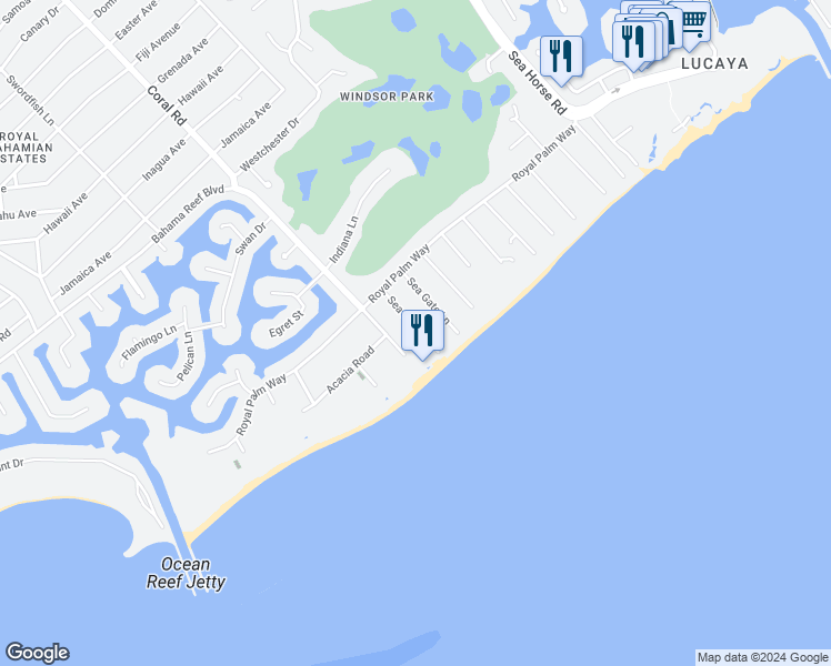 map of restaurants, bars, coffee shops, grocery stores, and more near Sea Fan Lane in Freeport